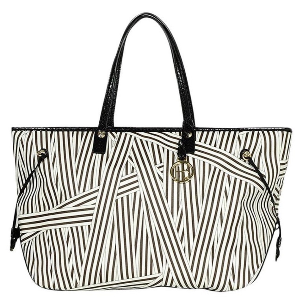 Henri Bedel 57th Street Tote Brown White Striped with Bag Charm